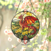 Red Dragon Stained Glass Suncatcher Fantasy Window Hanging Floral Dragon Glass Panel Daffodil Field Decor Mythical